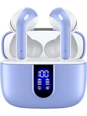 Purple Bluetooth Headphones True Wireless Earbuds LED Power Display with Mic